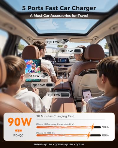 SUPERONE 90W Retractable Car Charger, Dual USB-C Cables Fast Charger Black