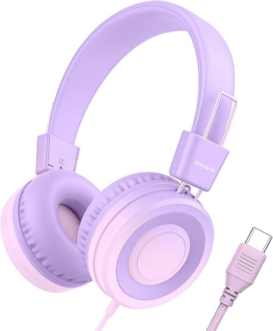 USB Type C Kids Headphone for School, 94dB Safe Volume Limited, Foldable Stereo Sound Tangle-Free Type C Cord, On-Ear Headphones for Boys/Girls/Students/Tablet/Travel(Gradient Purple)