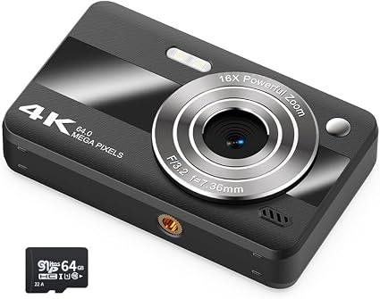 Digital Camera, UHD 4K 64MP Point and Shoot Digital Cameras for Photography with 64GB Card, 16X Optical Zoom, Anti Shake, Portable Compact Vlogging Camera Gift for Teens Adult Beginner Kids (Black)