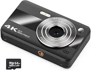 Digital Camera, UHD 4K 64MP Point and Shoot Digital Cameras for Photography with 64GB Card, 16X Optical Zoom, Anti Shake, Portable Compact Vlogging Camera Gift for Teens Adult Beginner Kids (Black)