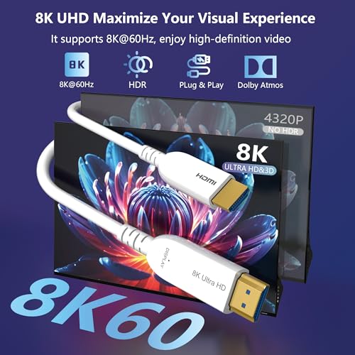 8K Fiber Optic HDMI Cable 30FT, Long Active HDMI 2.1 Cable 48Gbps Ultra High Speed 8K@60Hz 4K@120Hz HDR10 eARC 3D HDCP 2.3 Compatible for Laptop, PC, Monitor, PS5, PS4, Xbox, HDTV, Projector