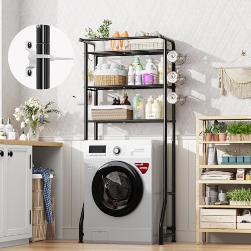 Simple Trending Over The Toilet Storage Cabinet, Metal Bathroom Shelf Organizer with Paper Holder and Hooks, 3 Tier, Black