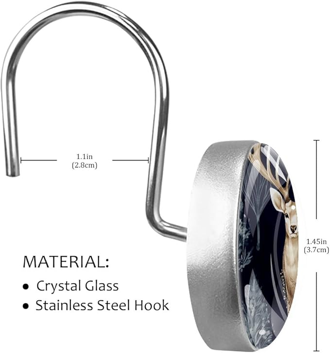 12 Packs Deer Shower Curtain Hooks, Crystal Glass Shower Curtain Rings for Bathroom, Rustproof Metal Decorative Curtain Rod Hooks, Stainless Steel