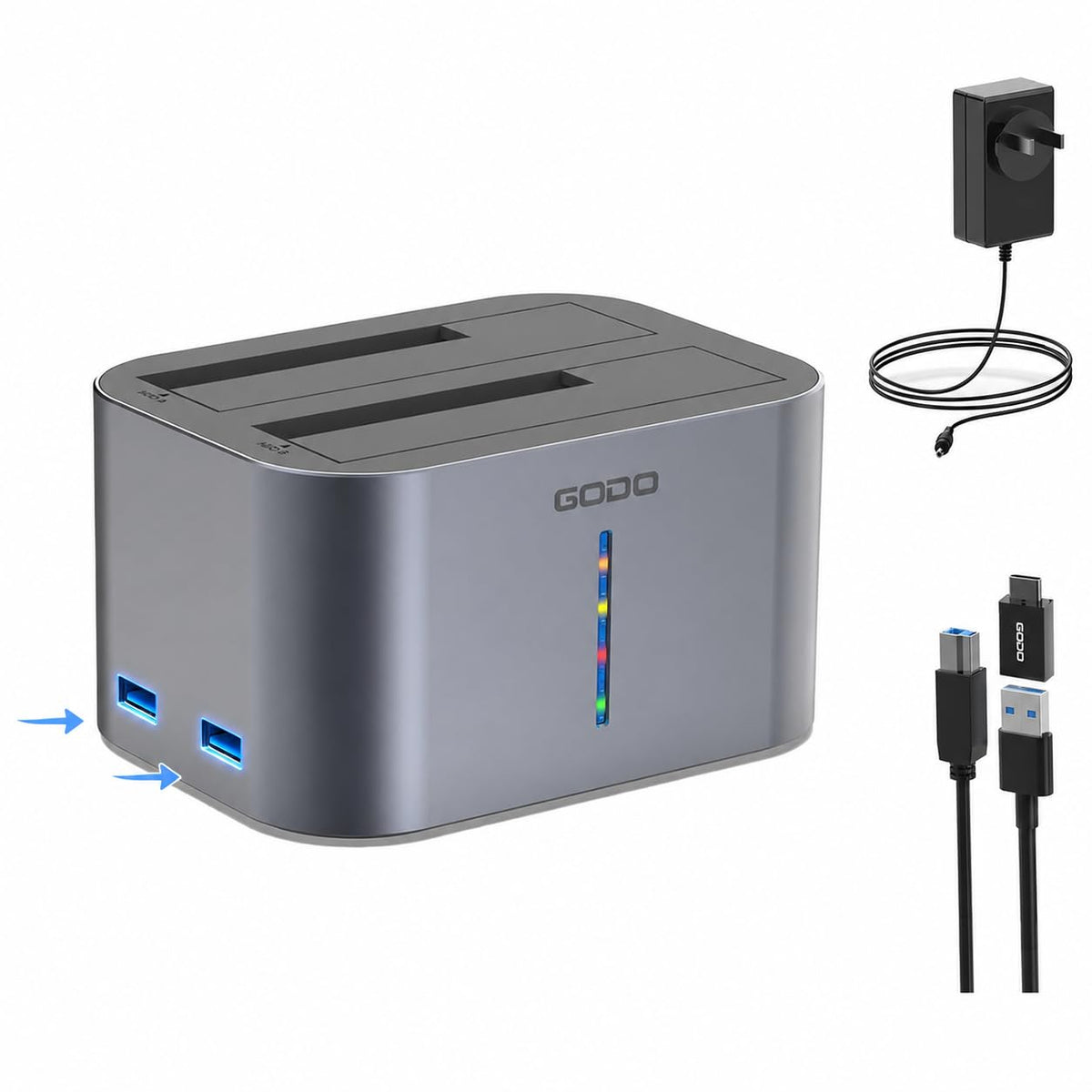GODO 2.5/3.5" SATA Dual-Bay HDD Dock, USB 3.0 Hub, Clone, 20TBx2 Aluminum