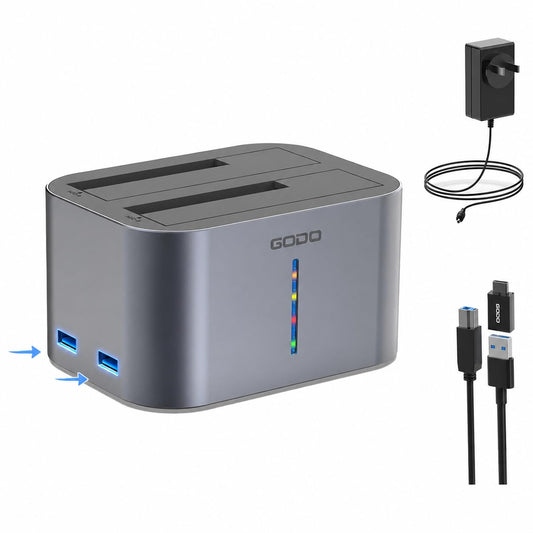 GODO 2.5/3.5" SATA Dual-Bay HDD Dock, USB 3.0 Hub, Clone, 20TBx2 Aluminum