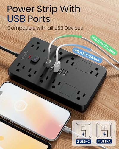 10 FT Surge Protector Power Strip Extension Cord with 10 Outlets & 6 USB