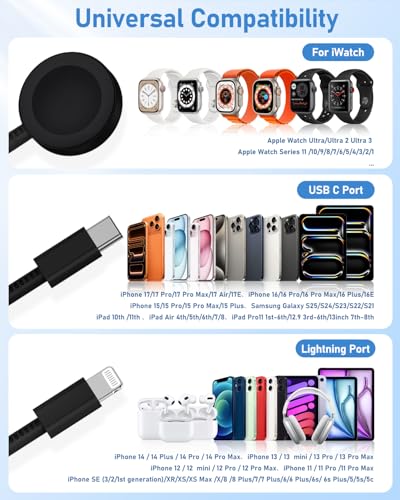 for Apple Watch Charger Fast Charging 6FT, 3 in 1 Multi Charging Cable with USB C iPhone iWatch Charger for Apple iWatch Series 11/10/9/8/7/Ultra3/Ultra 2/SE/6/5/4/iPhone 17/16/15/14/13/12/11-Black