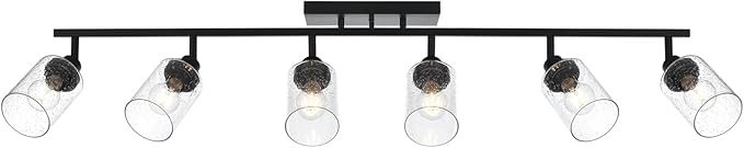 6-Light Black Track Lighting Kit Ceiling Mount Kitchen Track Lighting Fixtures, Bathroom Ceiling Tracking Vanity Light with Bubble Seeded Glass Shade & Rotatable Tracking Heads for Accent Shop