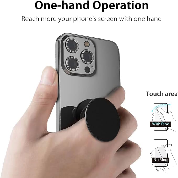 Phone Grip, Phone Ring Holder Finger Kickstand, 360°Rotation & Adjustable Metal Cell Phone Rings Gripper Stand Work with Magnetic Car Mount for iPhone Samsung & Other Phones - Black
