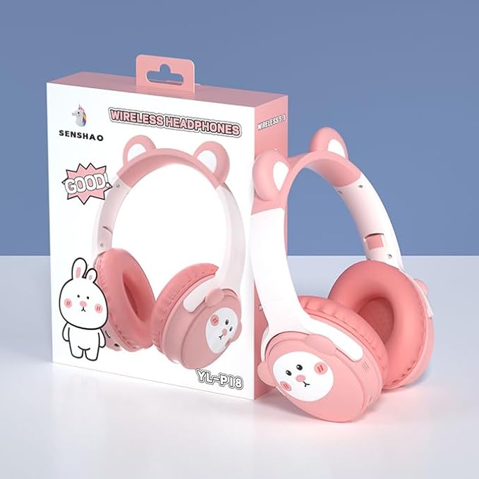 Kids Bluetooth Headphones， 85dB Safe Volume Limit, Stereo，Foldable Cute Up Cat Ear Children，Cartoon Animal Design,Ultra-Soft Over-Ear,Suitable for School & Travel (Pink)