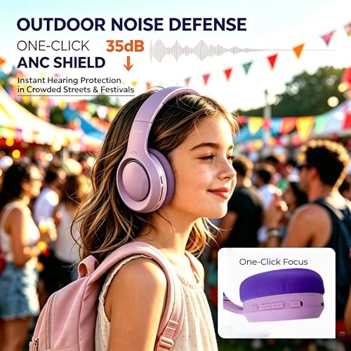 Hybrid Active Noise Cancelling Headphones, 72H Play Time, Deep Bass Bluetooth 6.0, Over Ear ANC Headphones Wireless for Girls Ladies Travel/Airplane/Office (Purple)