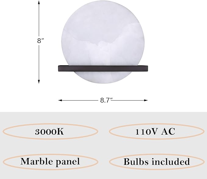 2 Pack 1 Light 8" Round Natural Alabaster Bathroom Wall Sconce Modern Concise Style Wall Light Fixture,Oil Rubbed Bronze Finish for Bedroom Hallway Bedside Living Room