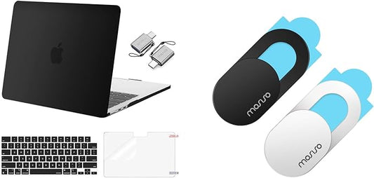 MOSISO Webcam Cover Slide 2 Pack&Compatible with MacBook Air 13 inch Case 2024 2023 2022 M3 A3113 M2 A2681, Hard Shell&Keyboard Cover&Screen Film&Type C Adapter for MacBook Air 13.6 inch Case, Black