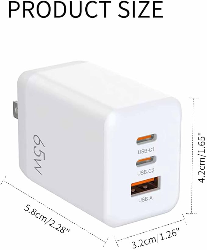 BELAROI 65W USB C Wall Charger Block, PD 3.1,3-Port GaN Fast Charger, 65W Foldable High Power Fast Charging Brick, for iPhone,iPad and MacBook Pro/Air,Samsung Galaxy (White)