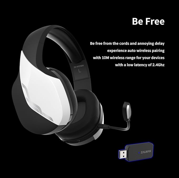 Zalman HPS700 Archer, Wireless Headset with Gaming, Music, Live Sound Modes, LED Indicator, Detachable Microphone, USB-C to A Charging Cable (White)…