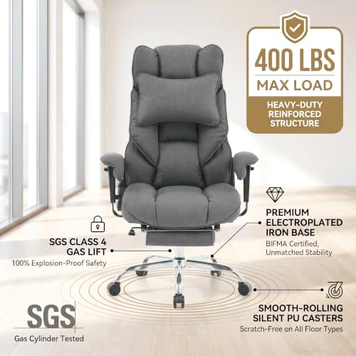 mokodo Big and Tall Office Chair 400lbs, Breathable Fabric Executive Desk Chair with Pocket Spring Cushion, 155° Reclining Computer Chair with Integrated Headrest & Lumbar Pillow (Grey) - Image 5