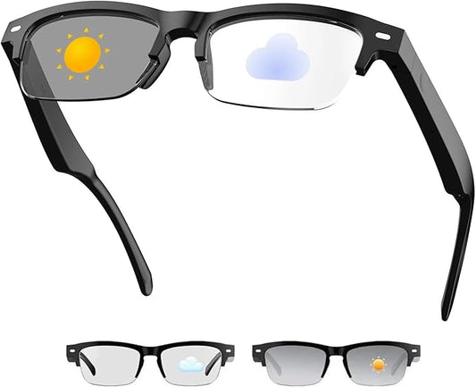 Smart Glasses, Bluetooth Blue light Glasses with Half Frame Design, Color-Change Lenses, Open-Ear Speakers, Intelligent Control, Wearable Tech Bluetooth Glasses for iPhone Android Music/Calls