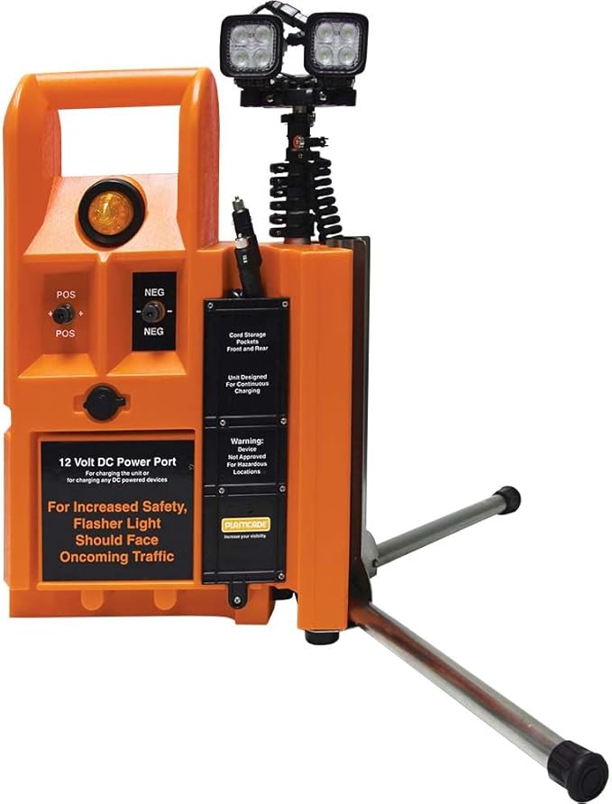 Plasticade Flagger Lighting Station & Work Area Light, 4,000 Lumens, Portable, Waterproof Case, Adjustable Heads, 8-Foot Light Elevation, Temporary Construction in Any Weather