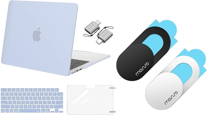 MOSISO Webcam Cover Slide 2 Pack&Compatible with MacBook Air 13 inch Case 2024-2022 M3 A3113 M2 A2681,Hard Shell&Keyboard Cover&Screen Film&Type C Adapter for MacBook Air 13.6 inch Case, Cerulean Blue