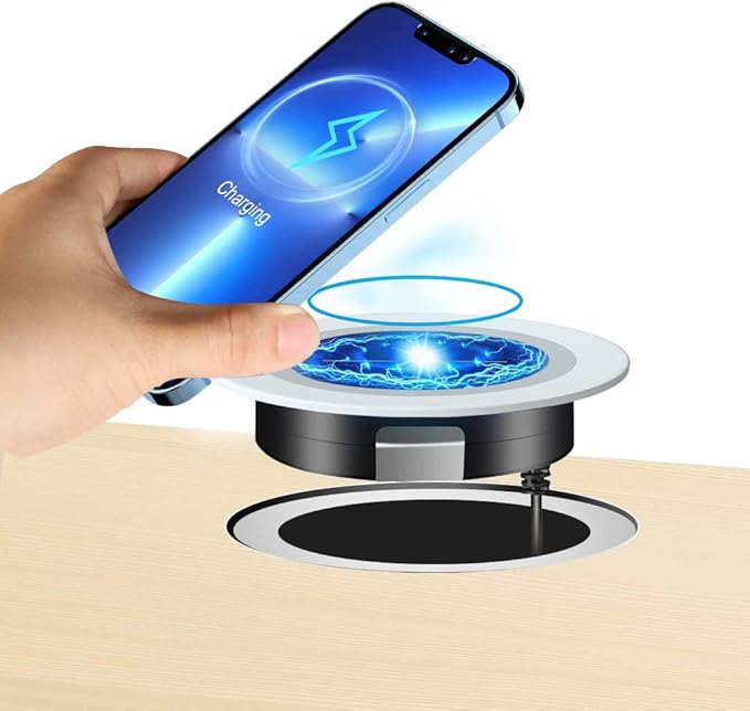 Desk Wireless Charger, JE Make IT Simple 15W Fast Charging Station Desktop Grommet Sleek Invisible Power Charging Pad, for iPhone 16/15/14/13/12 Series, Samsung, Airpods and Qi-Enabled Devices (White)