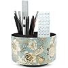 Round Leather Art Supply Organizer,Remote Control Holder,360 Degree Rotating,Multi-Functional Pencil Holder,4 Compartments Desktop Stationary Organizer(1-Blue Bird)