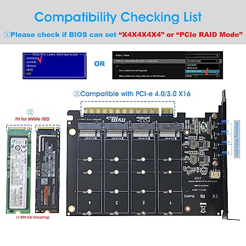 Quad NVMe PCIe Adapter, RIITOP 4 Ports M.2 NVMe SSD to PCI-e 4.0/3.0 x16 Card with Fan Support 2280/2260/2242/2230 NVMe SSD (PCI-e Bifurcation Required)
