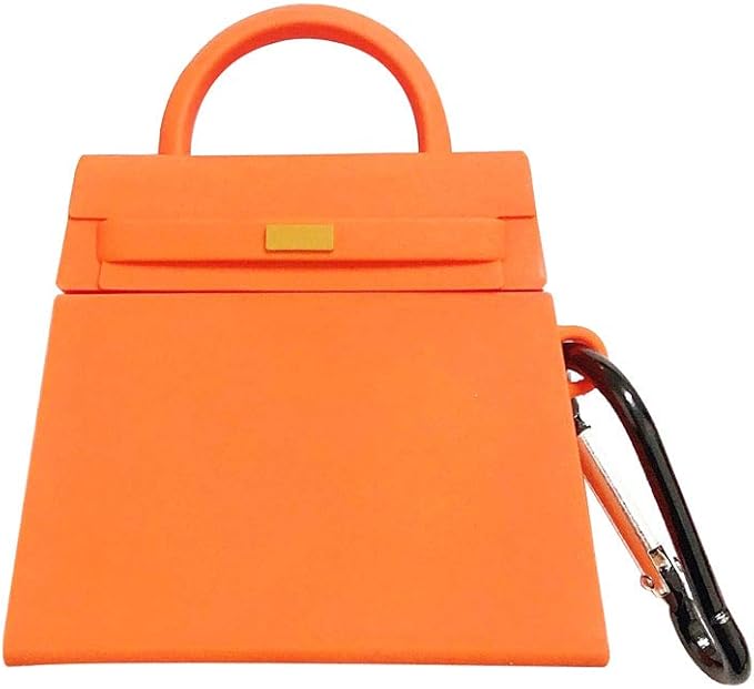 Case for AirPods 1/2, Girls Creative Fashion Mini Handbag Purse Case, Stylish Soft Silicone Wireless Earphone Protection Charging Cover for AirPods 1/2 +Hook -Orange