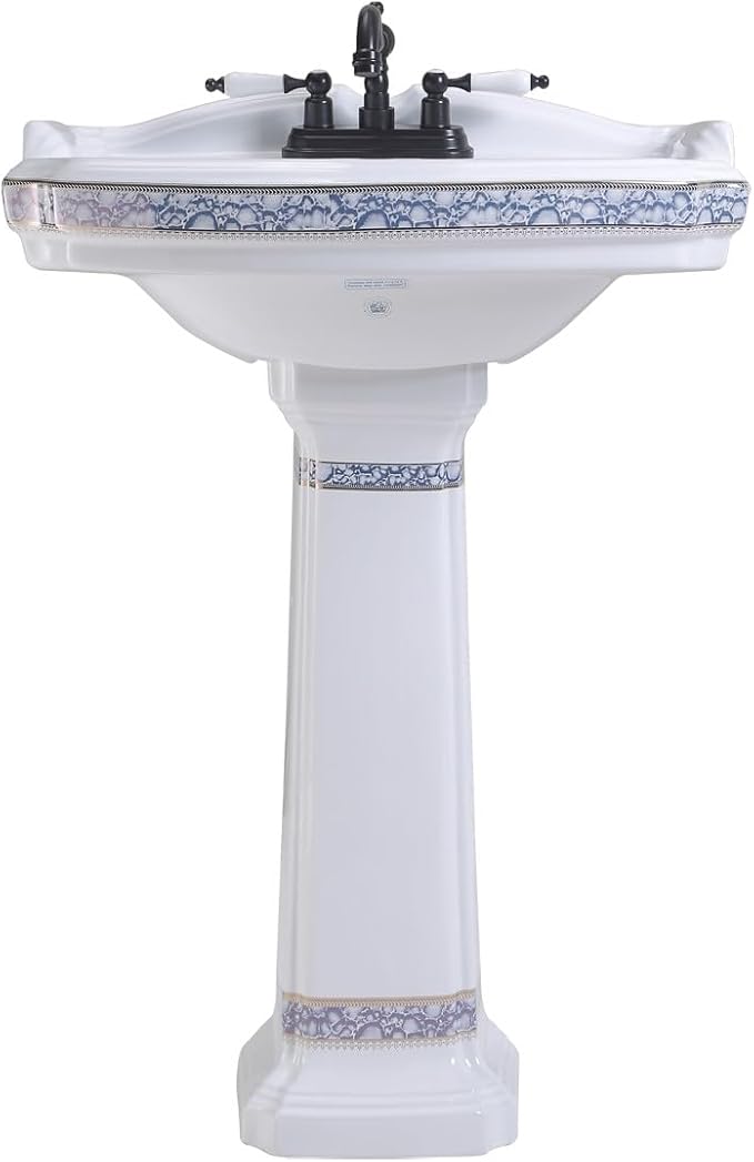 Renovators Supply Manufacturing 23" White Pedestal Bathroom Sink Heavy Duty Porcelain, Blue and Gold Decorative Accents, 4" Centerset Faucet Holes, High Backsplash and Overflow