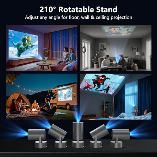 Portable Projector with Built-in Apps & Rechargeable Battery, Mini Projector with WiFi and Bluetooth, Electric Focus, Auto Keystone, 210° Rotatable Stand for Outdoor Movies & Travel( Iron Gray)