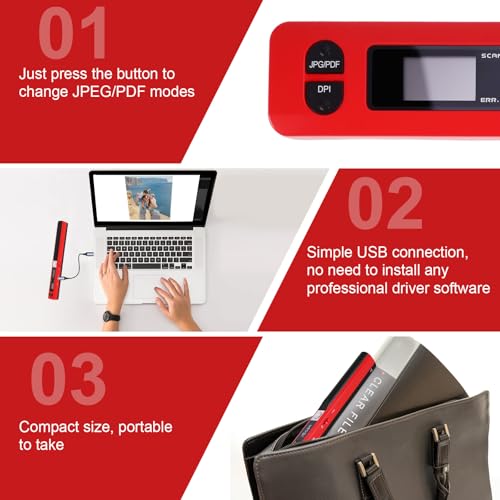 Portable Document Scanner - 900DPI Handheld Portable Scanner Image Scanner Scanning Wand A4 Colour Photo Mobile Scanners Handy Scan, JPG/PDF Format, with 16G SD Card (Red)