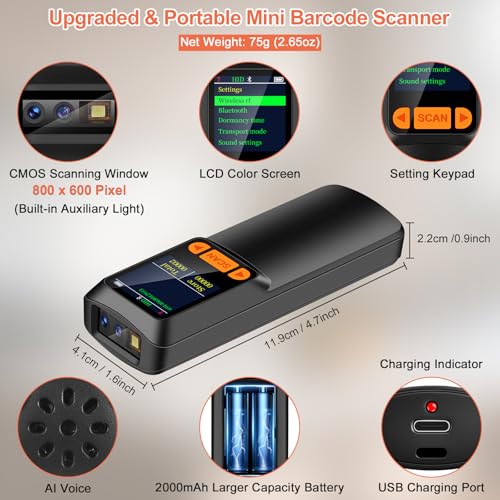 KUIIYER Mini Barcode Scanner, 2D QR 1D Bluetooth Wireless Bar Code Reader