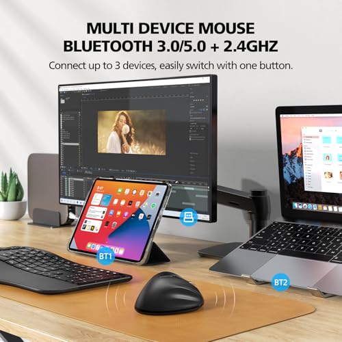 Bluetooth Wireless Mouse Ergonomic Vertical for Laptop Computer Macbook iPad Tablet Rechargeable Silent Click USB Carpal Tunnel Right Hand Compatible with Windows iOS Mac OS Android Black - Image 4