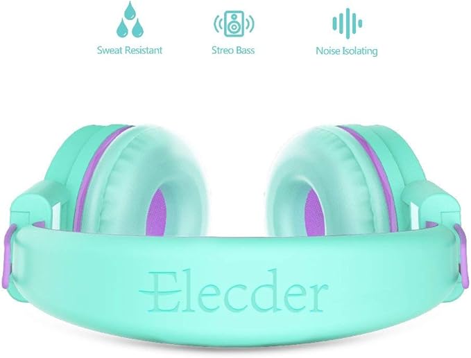 ELECDER i37 Kids Headphones Children Girls Boys Teens Foldable Adjustable On Ear Headphones 3.5mm Jack Compatible Cellphones Computer MP3/4 Kindle School Tablet Green/Purple