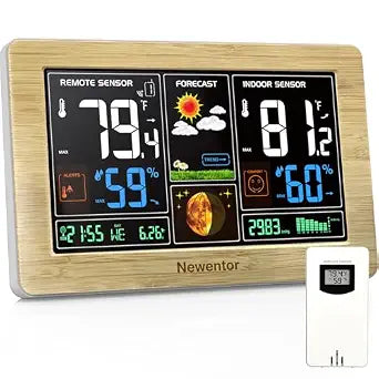 Newentor Weather Station Wireless Indoor Outdoor Thermometer, Wood,1Sensor