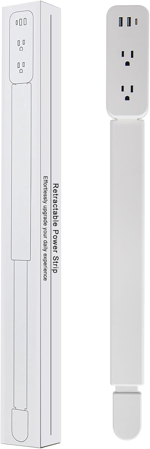 Extendable Outlet Extender 22"-34" – 180° Rotating, 2 AC + USB-A + USB-C Ports