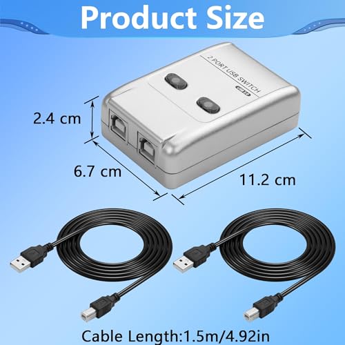 CERRXIAN USB2.0 Manual Printer Sharer Switcher,2 in 1 Out Printer Sharing Device Adapter,2-Port USB B Print Switch Hub Converter,with 2 USB Printer Cables (5ft/1.5M),for Printer Scanner