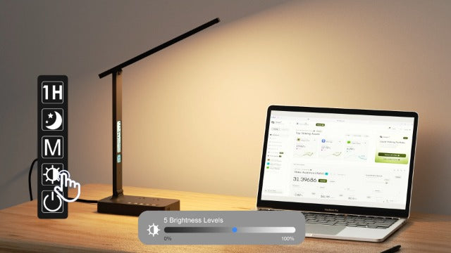 Infiway Desk Lamp with USB Charging Port: LED Stepless Dimmable Eye Caring Desk Light for Home Office - 1 Type-C, 1 USB-A Charging Port, 2 AC Power Outlets, Multiple Light Modes for Study and Bedroom