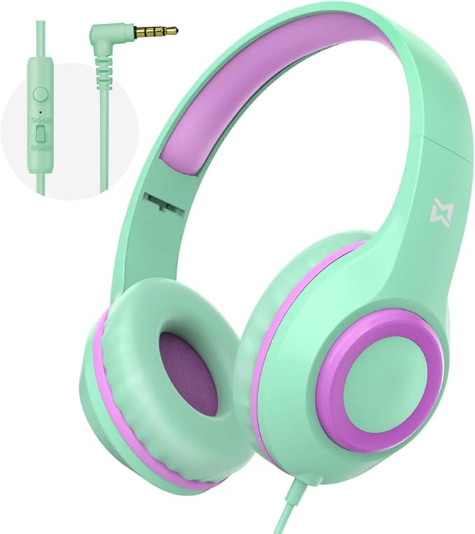 Kids Headphones with Mic, 94dB Volume Limit Over Ear Kids Headphones Wired for School - Mint