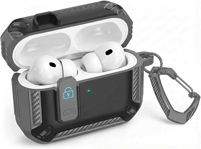 for AirPods 4 Case 2024 with Secure Lock Clip - Military-Grade Drop Protection AirPods 4th Generation Case, Carbon Fiber Shockproof Cover, Automatic Pop-up & Carabiner Hook, Black Gray