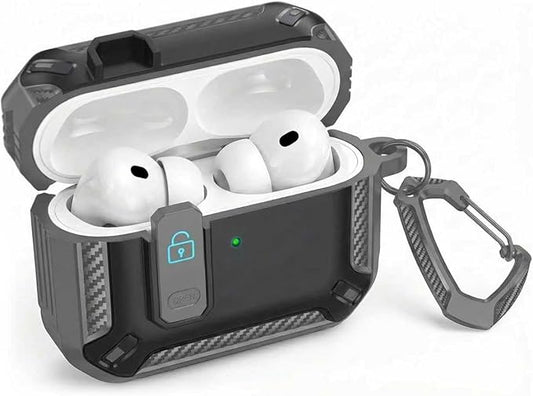 for AirPods 4 Case 2024 with Secure Lock Clip - Military-Grade Drop Protection AirPods 4th Generation Case, Carbon Fiber Shockproof Cover, Automatic Pop-up & Carabiner Hook, Black Gray