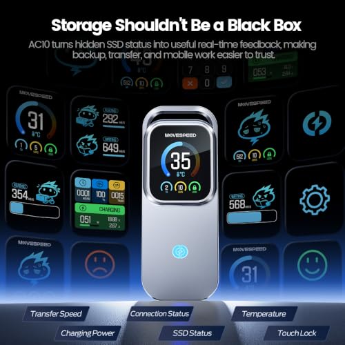 MOVE SPEED AC10 Smart Touchscreen SSD Enclosure(Only Case), 10Gbps M.2 NVMe to USB C Adapter with Real-Time Speed, Temperature, Touch Lock, 100W PD, Supports 2230/2242/2260/2280 SSD