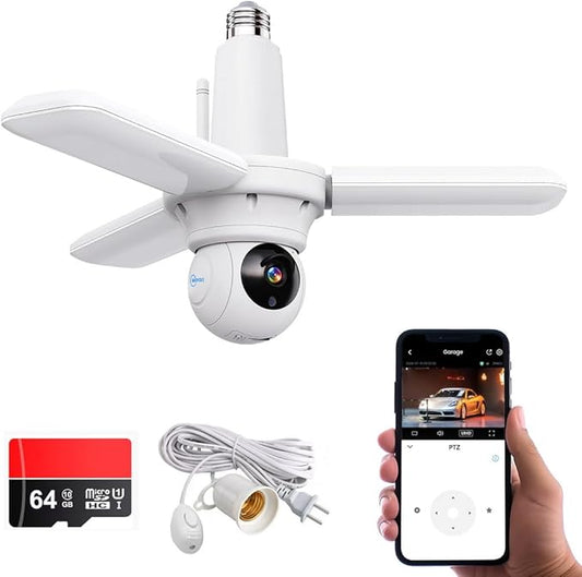 Wireless Security Camera Light Works with Alexa,Super Bright 30W 3000Lumens Garage Light with Wired Socket and 64g TFcard, WiFi 360 PTZ Smart AI Human Detection Cam,Two-Way Audio,Color Night Vision