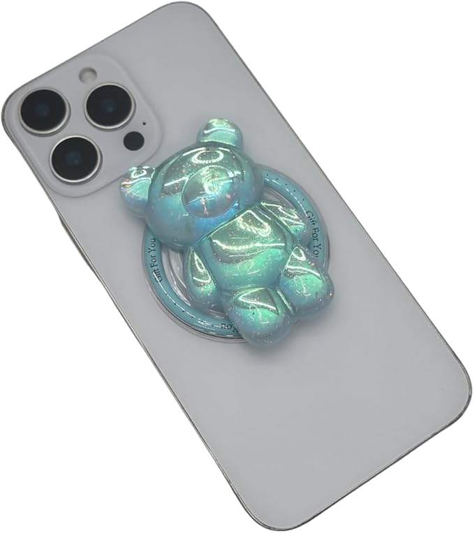 Cute Kawaii 3D Bear Phone Grip Stand, Iridescent Holographic Resin Cell Phone Holder & Kickstand, Compatible with iPhone, Samsung Galaxy, Android (Aqua Blue)
