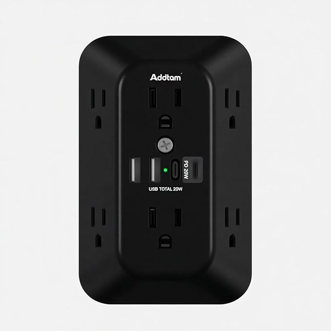 Addtam Surge Protector Outlet Extender, 6-Outlet Splitter with 4 USB Wall Charger(PD 20W), Multi Plug Wall Outlet 1800J Power Strip for Home Office Dorm Room Essentials, Black