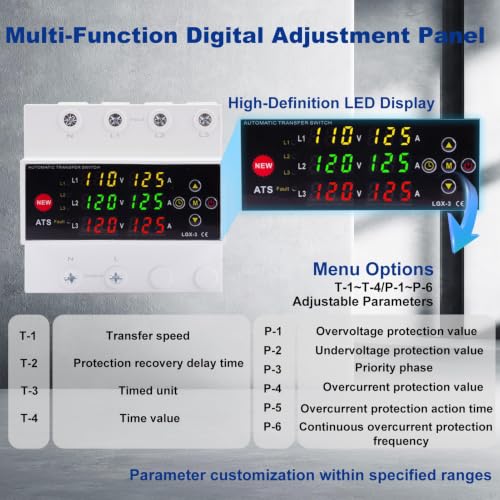 Automatic Generator Transfer Switch, 125A 120V 3 Pole Transfer Switch for Generator Backup Power & RVs, LED Display, Priority Phase Selectable, Over/Under Voltage Protection, DIN Rail Mount