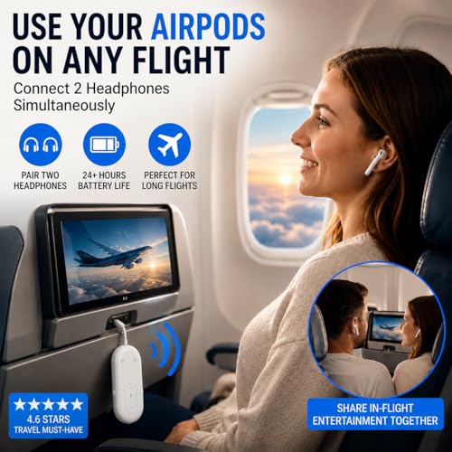 Airplane Bluetooth Adapter for Earphone, Bluetooth Audio Transmitter for for AirPods or Wireless Headphones, Transmitter Receiver 2 in 1 Dongle for Long Flight, Speaker, Car, Gym, TV