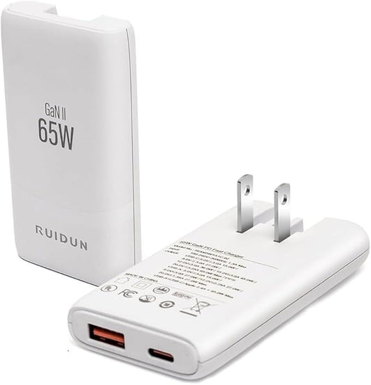 65W Flat GaN USB C Charger,Dual-Port Fast Wall Charger,PD 3.0 & QC 4.0,Foldable Plug for MacBook Pro/Air, iPhone 15, iPad Pro, Galaxy S24, Steam Deck & More (White)