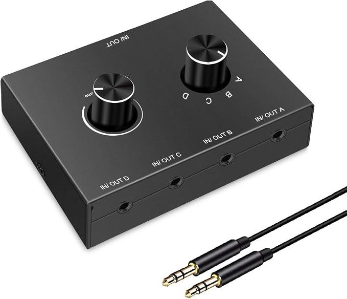 4 Port Audio Switch, 3.5mm Stereo AUX Selector, 4 Input 1 Output / 1 Input 4 Output Splitter, Switcher Box With 4 Channel Switch Knob, No External Power Required