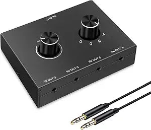 4 Port Audio Switch, 3.5mm Stereo AUX Selector, 4 Input 1 Output / 1 Input 4 Output Splitter, Switcher Box With 4 Channel Switch Knob, No External Power Required