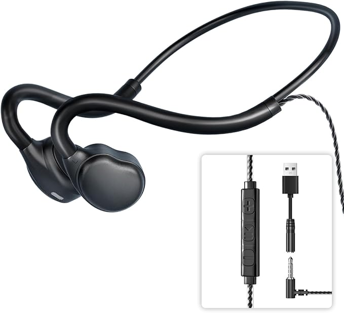 3.5mm Open Ear Headphones Wired headphones with Mic, 3.5mm+USB Connection, Air Conduction Wired Headset with Premium Sound Ultra-Light USB Headset Perfect for Phones Tablets PC Speakers -Black